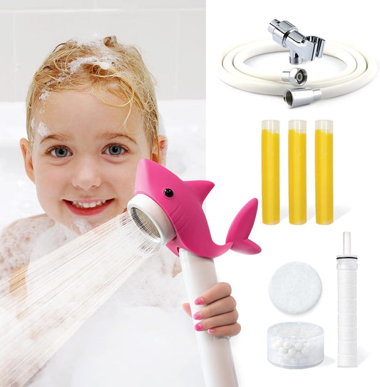 Livo Handheld Filtered Showerhead for Kids | Pink Shark Shower Head with 3-Pack Vitamin C Filters, PVC Hose and Holder