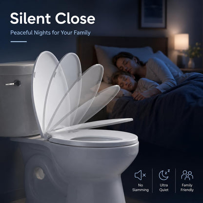Elongated Toilet Seat, Slow Close, White Plastic, Never Loosen, 18.5” | Easy Installation, Easy Cleaning, Non-Slip Bumpers, Quiet Operation, Fits Most Elongated Toilets