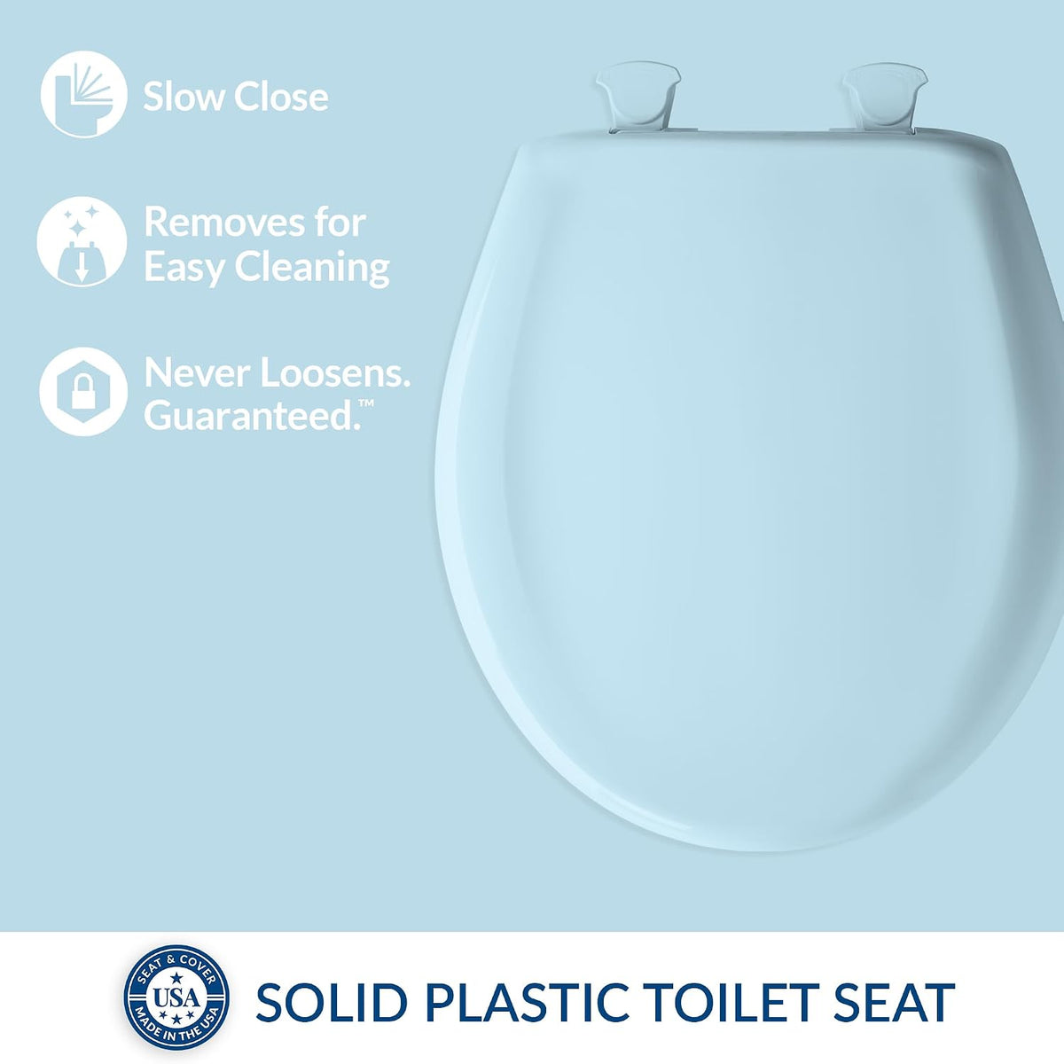 Classic Colors Slow Close Toilet Seat, Easy Clean Hinges and Durable Plastic Seat, Made in USA, Round, Dresden Blue