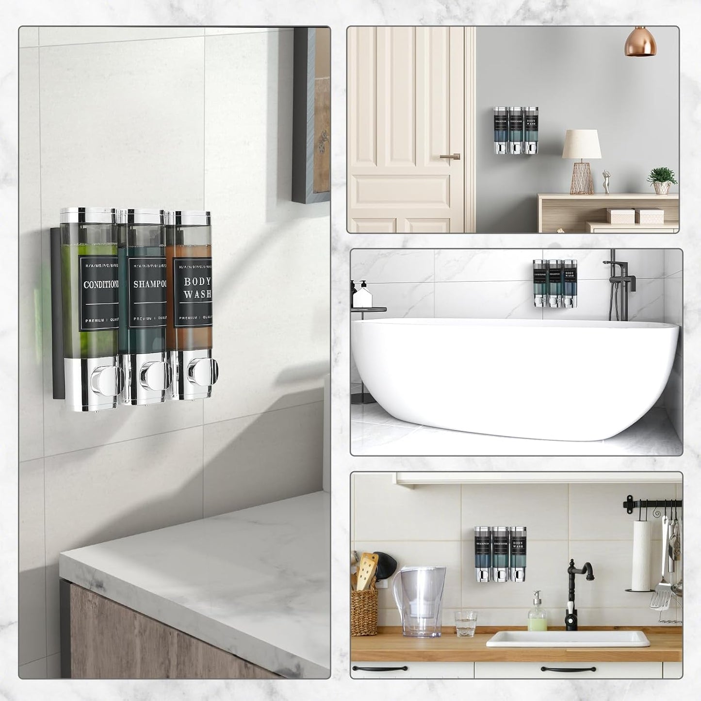 Shampoo and Conditioner Dispenser,Shower Soap Dispenser 3 Chamber No Drill Wall-Mounted for Bathroom & Hotel Leak-Proof Pumps, for Thick Liquids Like Conditioner - 1050ML High Capacity, Silver