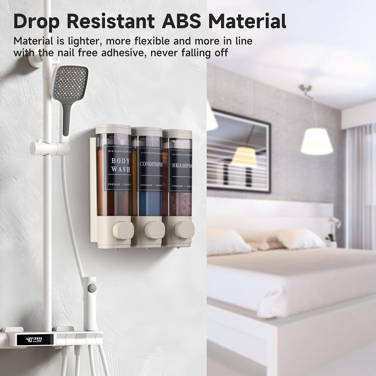 Shampoo and Conditioner Dispenser,Shower Soap Dispenser 3 Chamber No Drill Wall-Mounted for Bathroom & Hotel Leak-Proof Pumps, for Thick Liquids Like Conditioner - 1050ML High Capacity, Silver