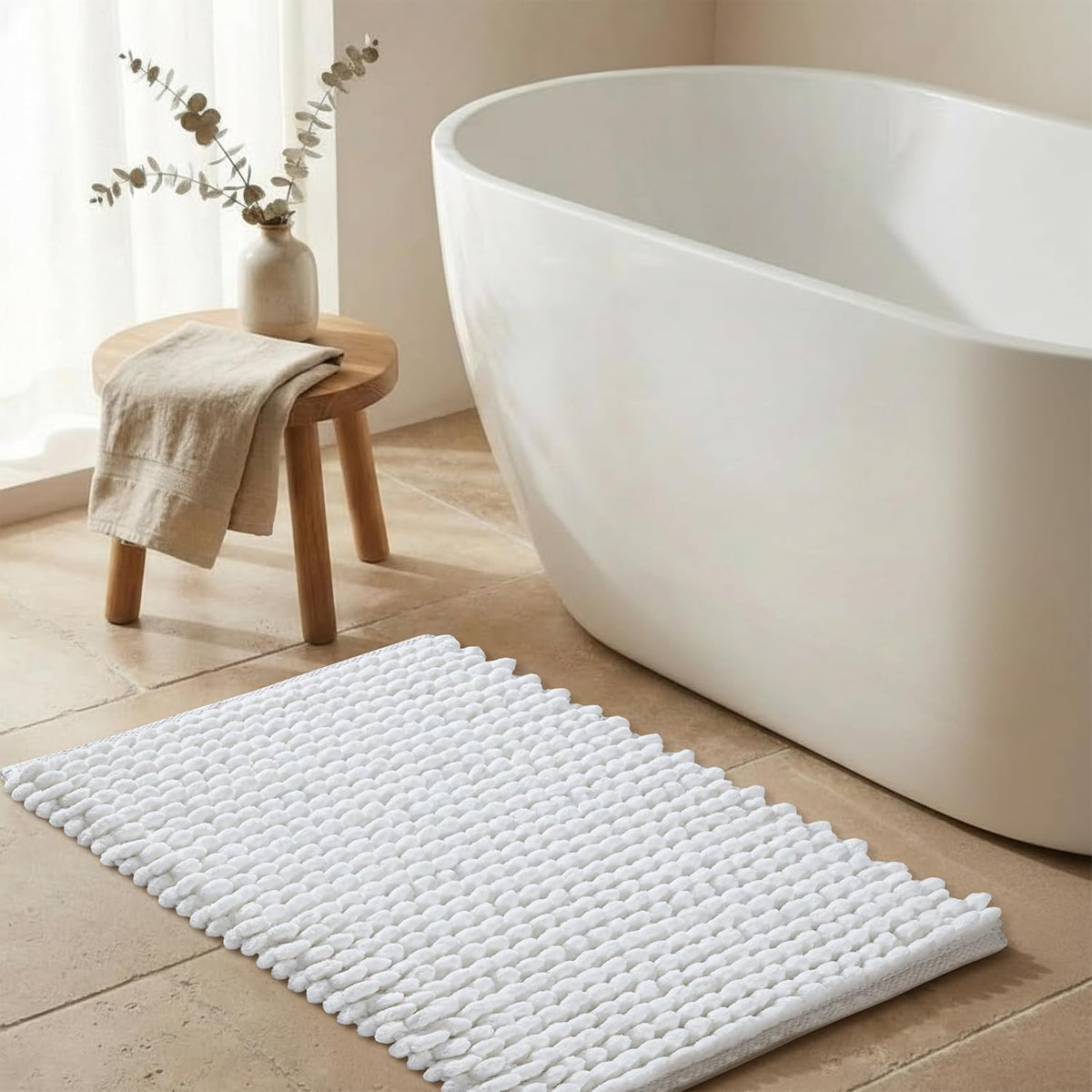Cotton Bath Mat Rug 17x24 in. White | 100% pure cotton, hand tufted, reversible, plush pile both sides, highly absorbent, machine washable, 17x24