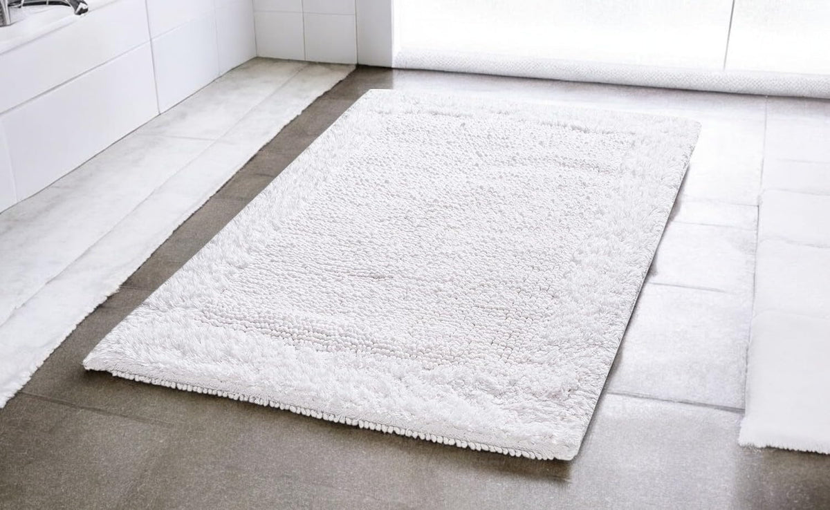 Cotton Bath Mat Rug 17x24 in. White | 100% pure cotton, hand tufted, reversible, plush pile both sides, highly absorbent, machine washable, 17x24