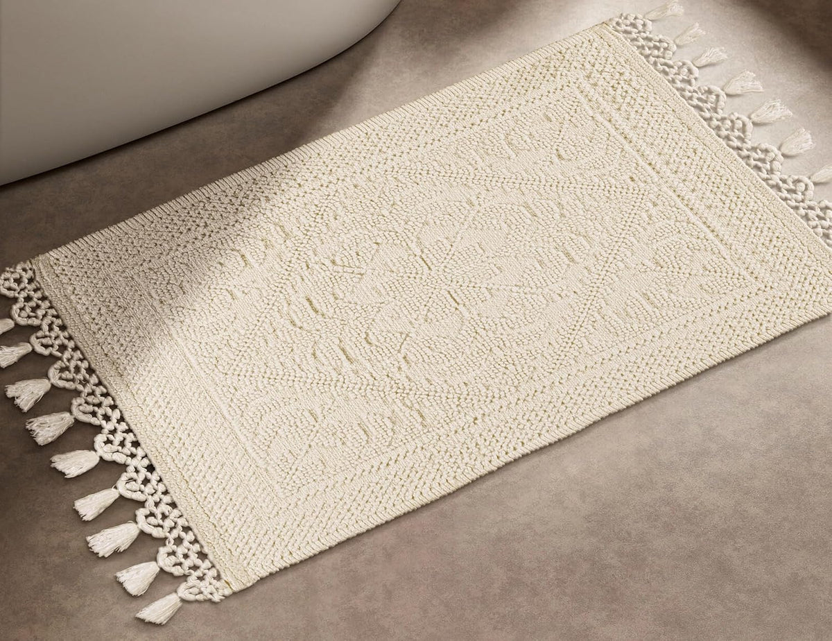 Cotton Bath Mat Rug 17x24 in. White | 100% pure cotton, hand tufted, reversible, plush pile both sides, highly absorbent, machine washable, 17x24