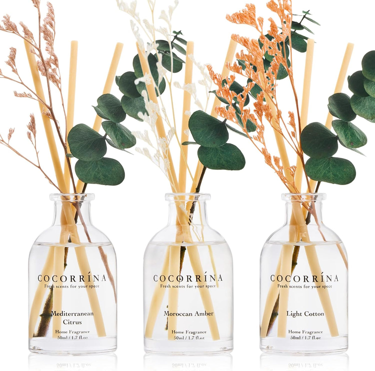 Reed Diffuser Set of 3 with Dried Eucalyptus for Home & Office