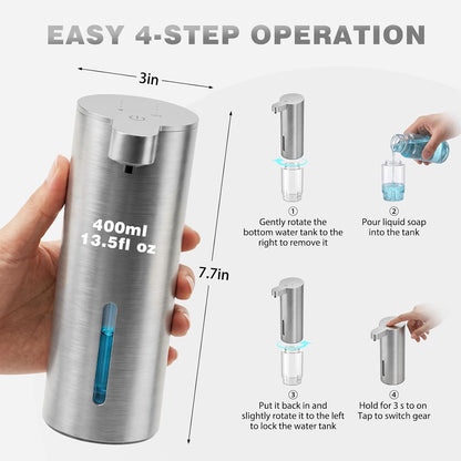 Automatic Soap Dispenser, Stainless Touchless Liquid Soap Dispenser, Electric Auto Dish Soap Dispensers Wall Mount, 4 Adjustable Volumes for Kitchen & Bathroom