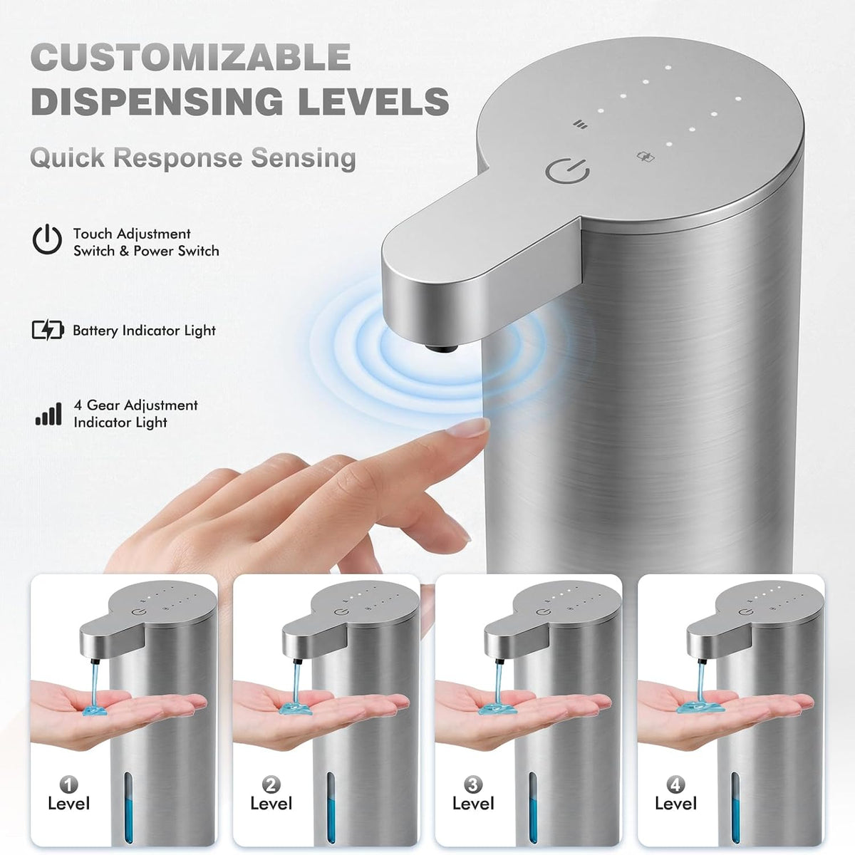 Automatic Soap Dispenser, Stainless Touchless Liquid Soap Dispenser, Electric Auto Dish Soap Dispensers Wall Mount, 4 Adjustable Volumes for Kitchen & Bathroom