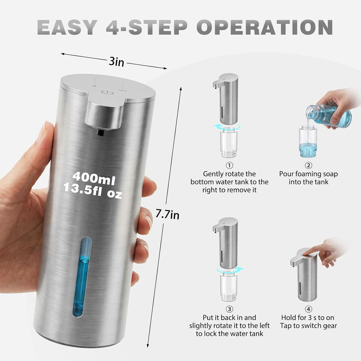 Automatic Soap Dispenser, Stainless Touchless Liquid Soap Dispenser, Electric Auto Dish Soap Dispensers Wall Mount, 4 Adjustable Volumes for Kitchen & Bathroom