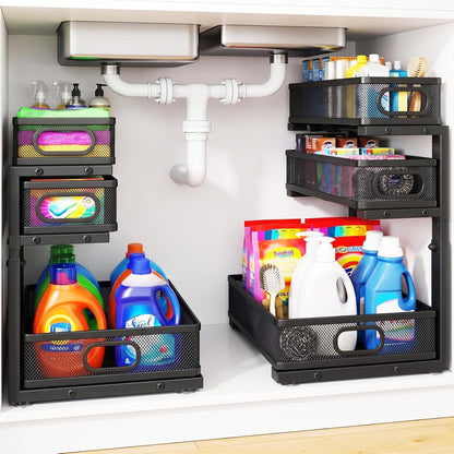 Under Sink Organizer, 3 Tier Pull Out Cabinet Organizer with 5 Adjustable Heights, Metal Under Sink Storage with Sliding Drawers for Kitchen, Bathroom, Pantry and Laundry Room, 2-Pack White