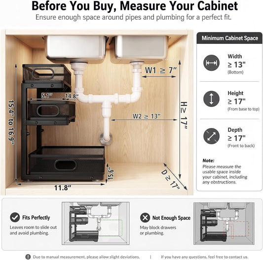 Under Sink Organizer, 3 Tier Pull Out Cabinet Organizer with 5 Adjustable Heights, Metal Under Sink Storage with Sliding Drawers for Kitchen, Bathroom, Pantry and Laundry Room, 2-Pack White