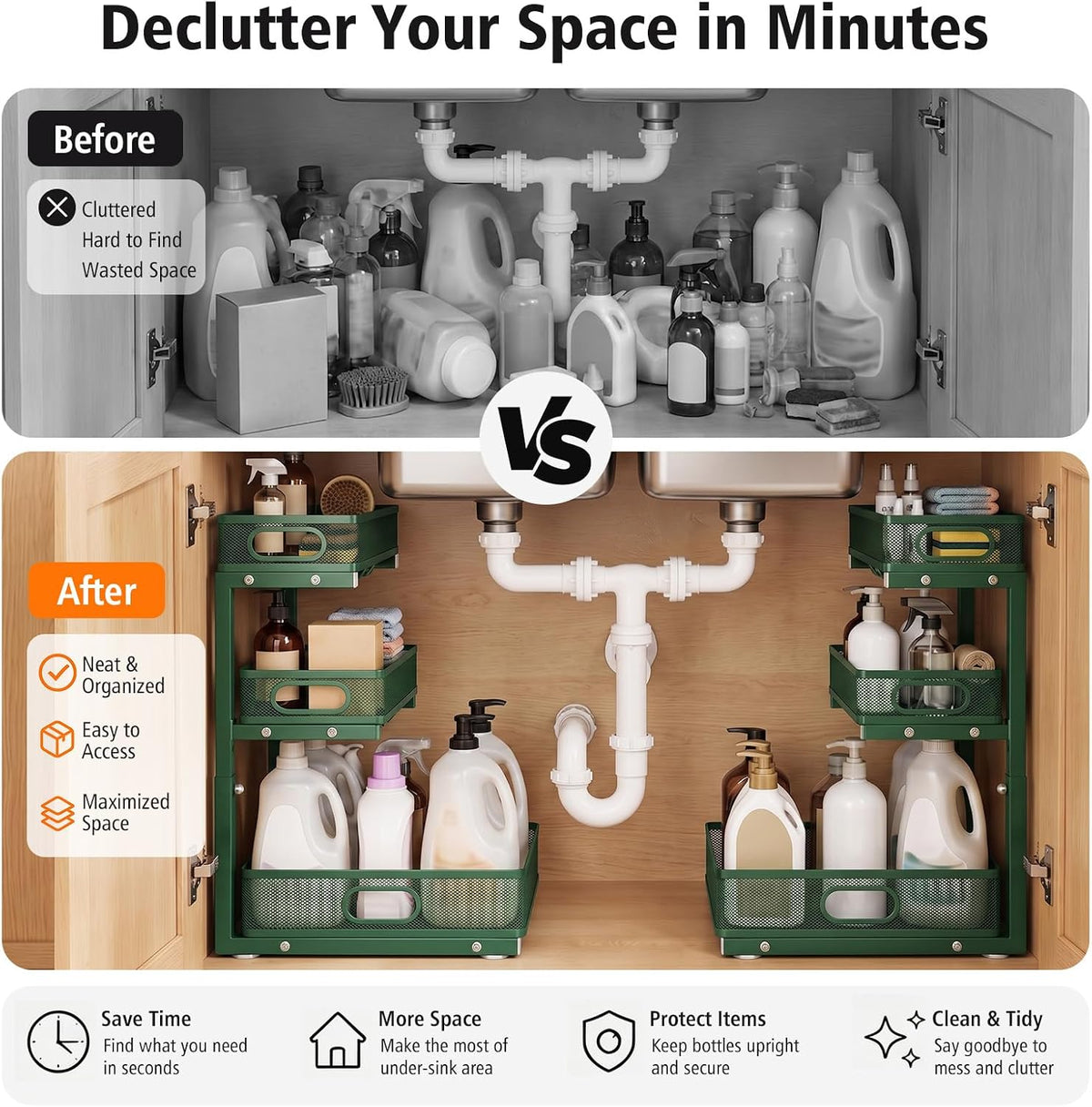 Under Sink Organizer, 3 Tier Pull Out Cabinet Organizer with 5 Adjustable Heights, Metal Under Sink Storage with Sliding Drawers for Kitchen, Bathroom, Pantry and Laundry Room, 2-Pack White
