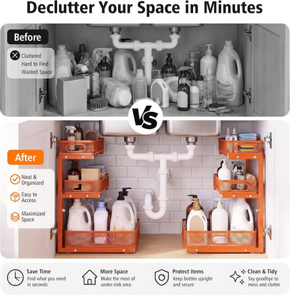 Under Sink Organizer, 3 Tier Pull Out Cabinet Organizer with 5 Adjustable Heights, Metal Under Sink Storage with Sliding Drawers for Kitchen, Bathroom, Pantry and Laundry Room, 2-Pack White