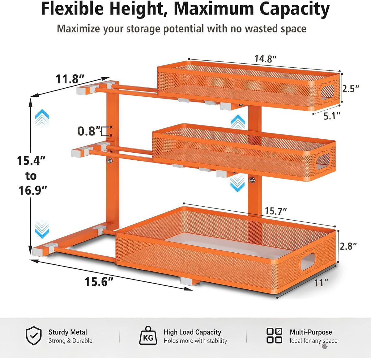 Under Sink Organizer, 3 Tier Pull Out Cabinet Organizer with 5 Adjustable Heights, Metal Under Sink Storage with Sliding Drawers for Kitchen, Bathroom, Pantry and Laundry Room, 2-Pack White