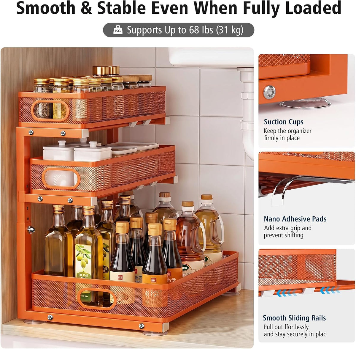 Under Sink Organizer, 3 Tier Pull Out Cabinet Organizer with 5 Adjustable Heights, Metal Under Sink Storage with Sliding Drawers for Kitchen, Bathroom, Pantry and Laundry Room, 2-Pack White