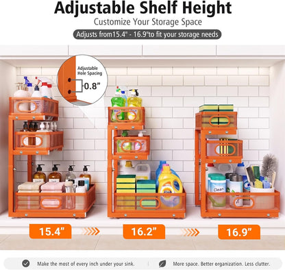 Under Sink Organizer, 3 Tier Pull Out Cabinet Organizer with 5 Adjustable Heights, Metal Under Sink Storage with Sliding Drawers for Kitchen, Bathroom, Pantry and Laundry Room, 2-Pack White