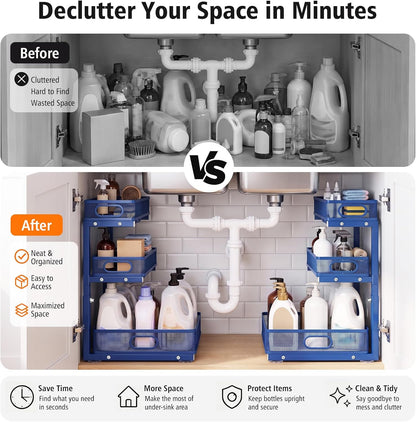 Under Sink Organizer, 3 Tier Pull Out Cabinet Organizer with 5 Adjustable Heights, Metal Under Sink Storage with Sliding Drawers for Kitchen, Bathroom, Pantry and Laundry Room, 2-Pack White