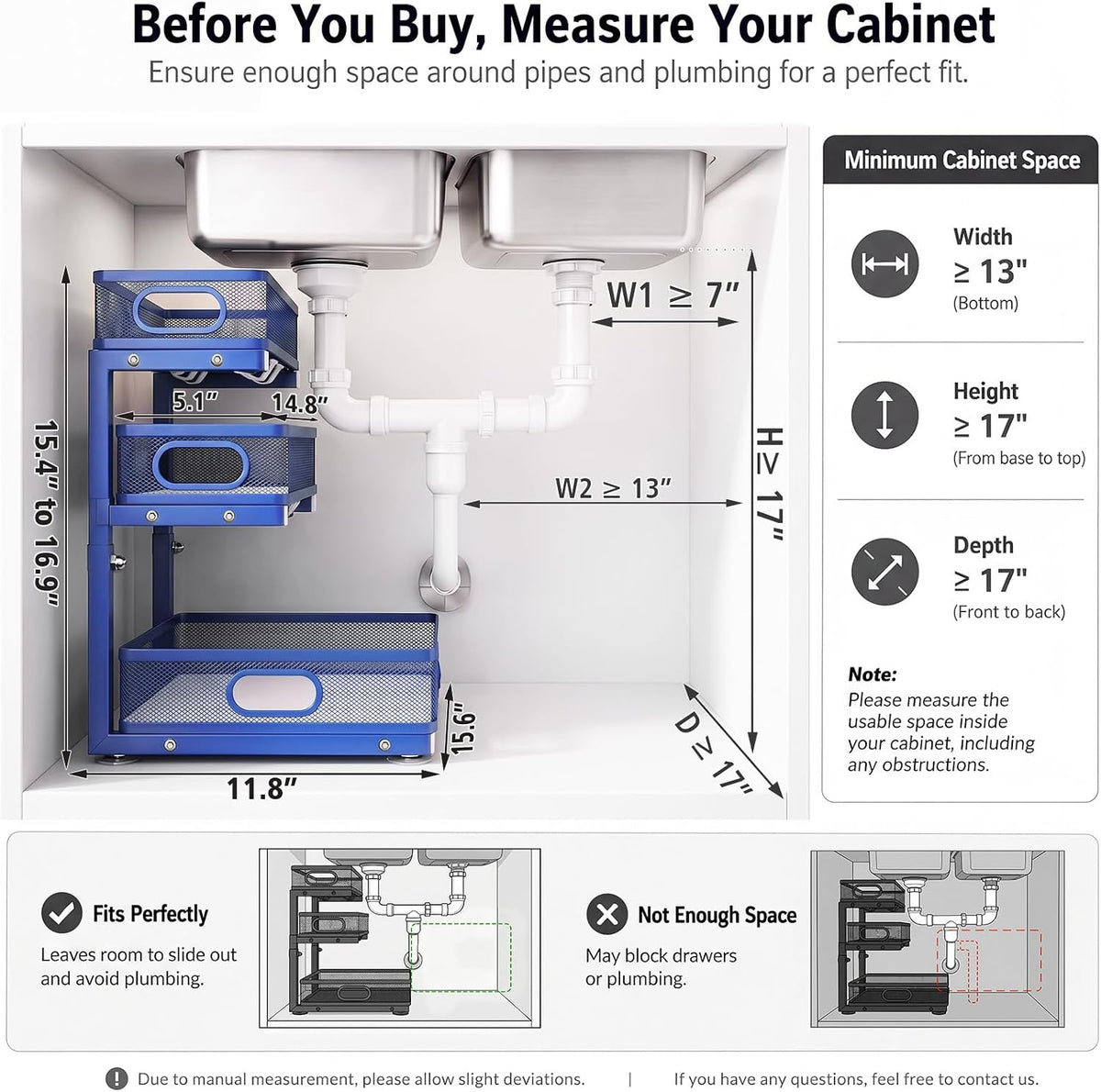 Under Sink Organizer, 3 Tier Pull Out Cabinet Organizer with 5 Adjustable Heights, Metal Under Sink Storage with Sliding Drawers for Kitchen, Bathroom, Pantry and Laundry Room, 2-Pack White