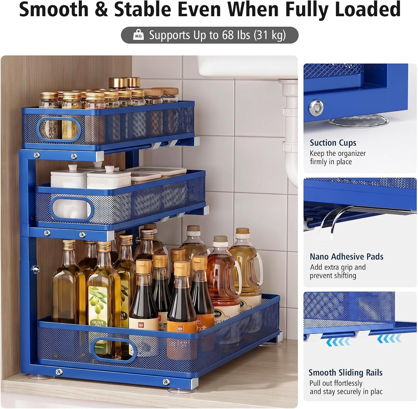 Under Sink Organizer, 3 Tier Pull Out Cabinet Organizer with 5 Adjustable Heights, Metal Under Sink Storage with Sliding Drawers for Kitchen, Bathroom, Pantry and Laundry Room, 2-Pack White