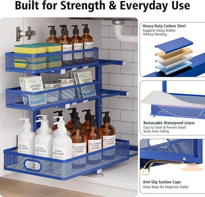 Under Sink Organizer, 3 Tier Pull Out Cabinet Organizer with 5 Adjustable Heights, Metal Under Sink Storage with Sliding Drawers for Kitchen, Bathroom, Pantry and Laundry Room, 2-Pack White