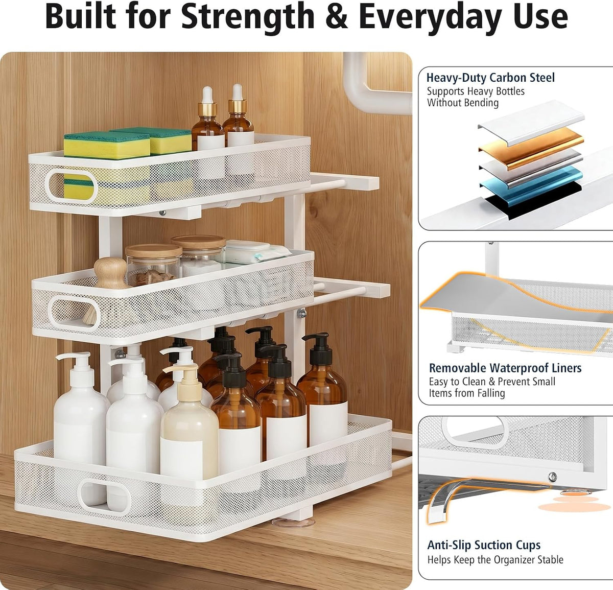 Under Sink Organizer, 3 Tier Pull Out Cabinet Organizer with 5 Adjustable Heights, Metal Under Sink Storage with Sliding Drawers for Kitchen, Bathroom, Pantry and Laundry Room, 2-Pack White