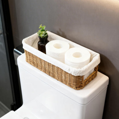 YRMT Rattan Toilet Tank Basket Toilet Paper Storage Baskets for Bathroom Handwoven Toiletry Countertop Organizer Water-Resistant Home Decor 14" x 6" x 4" (Rattan)