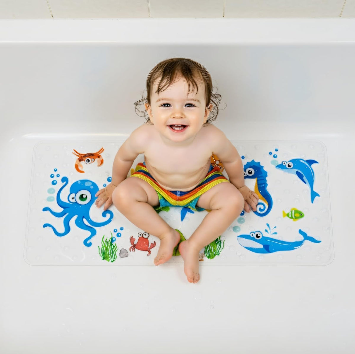 Kids Bath Mat for Tub, Non-Slip Toddler Bathtub Mat(Blue-Octopus)