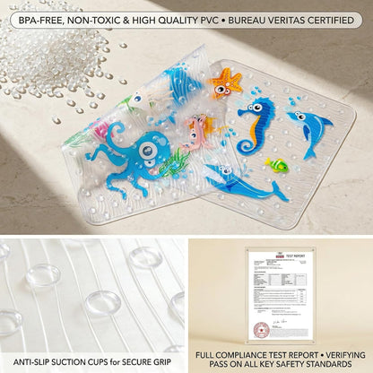 Kids Bath Mat for Tub, Non-Slip Toddler Bathtub Mat(Blue-Octopus)