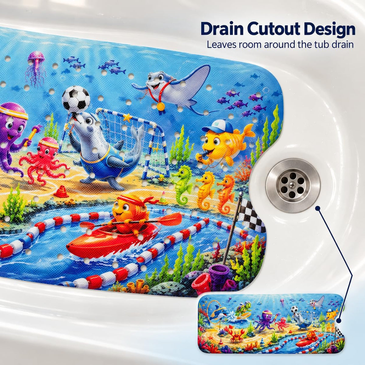 Kids Bath Mat for Tub, Non-Slip Toddler Bathtub Mat(Blue-Octopus)