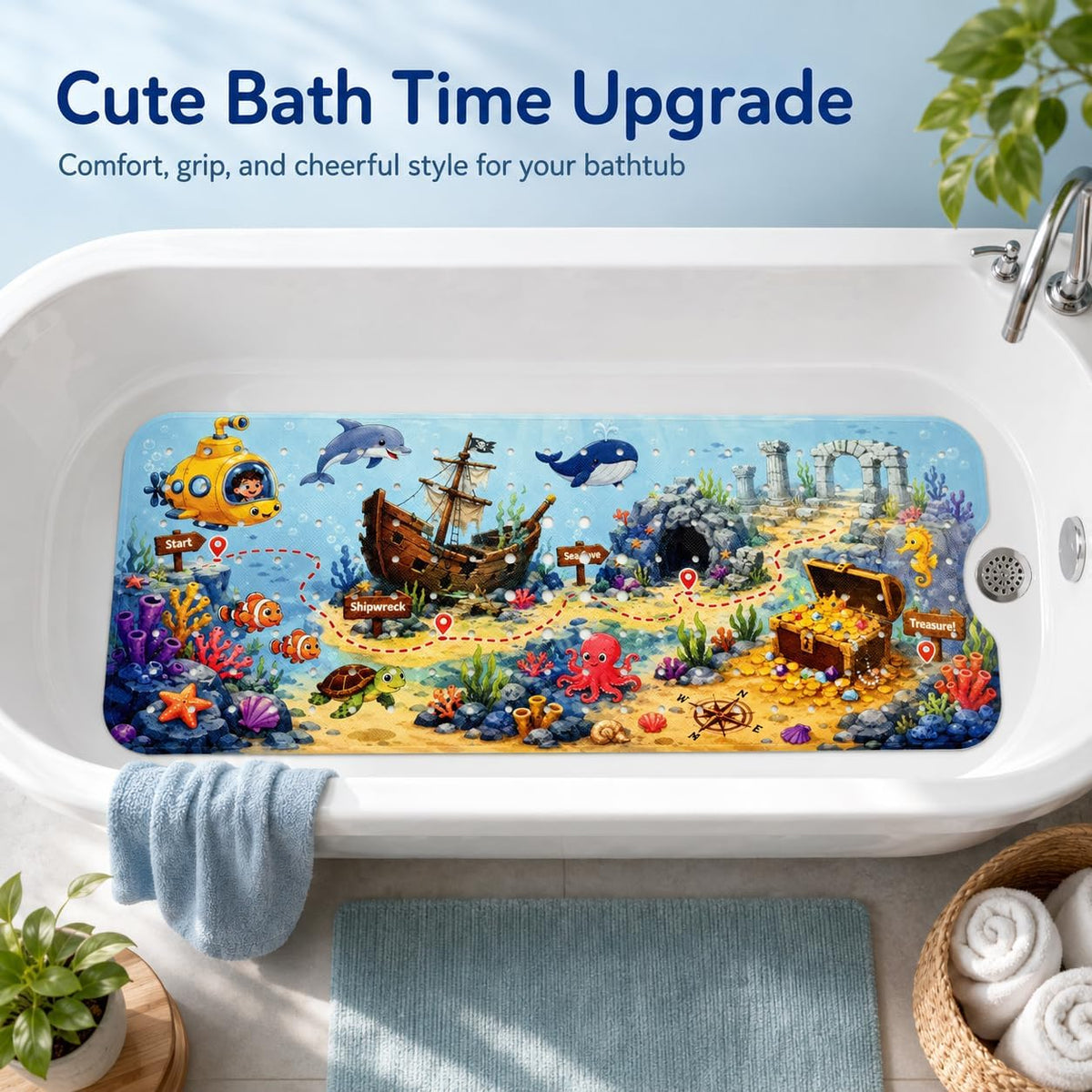 Kids Bath Mat for Tub, Non-Slip Toddler Bathtub Mat(Blue-Octopus)