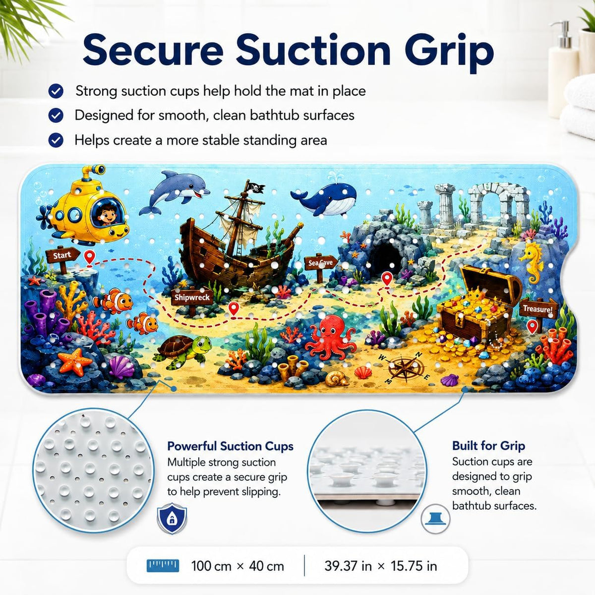 Kids Bath Mat for Tub, Non-Slip Toddler Bathtub Mat(Blue-Octopus)