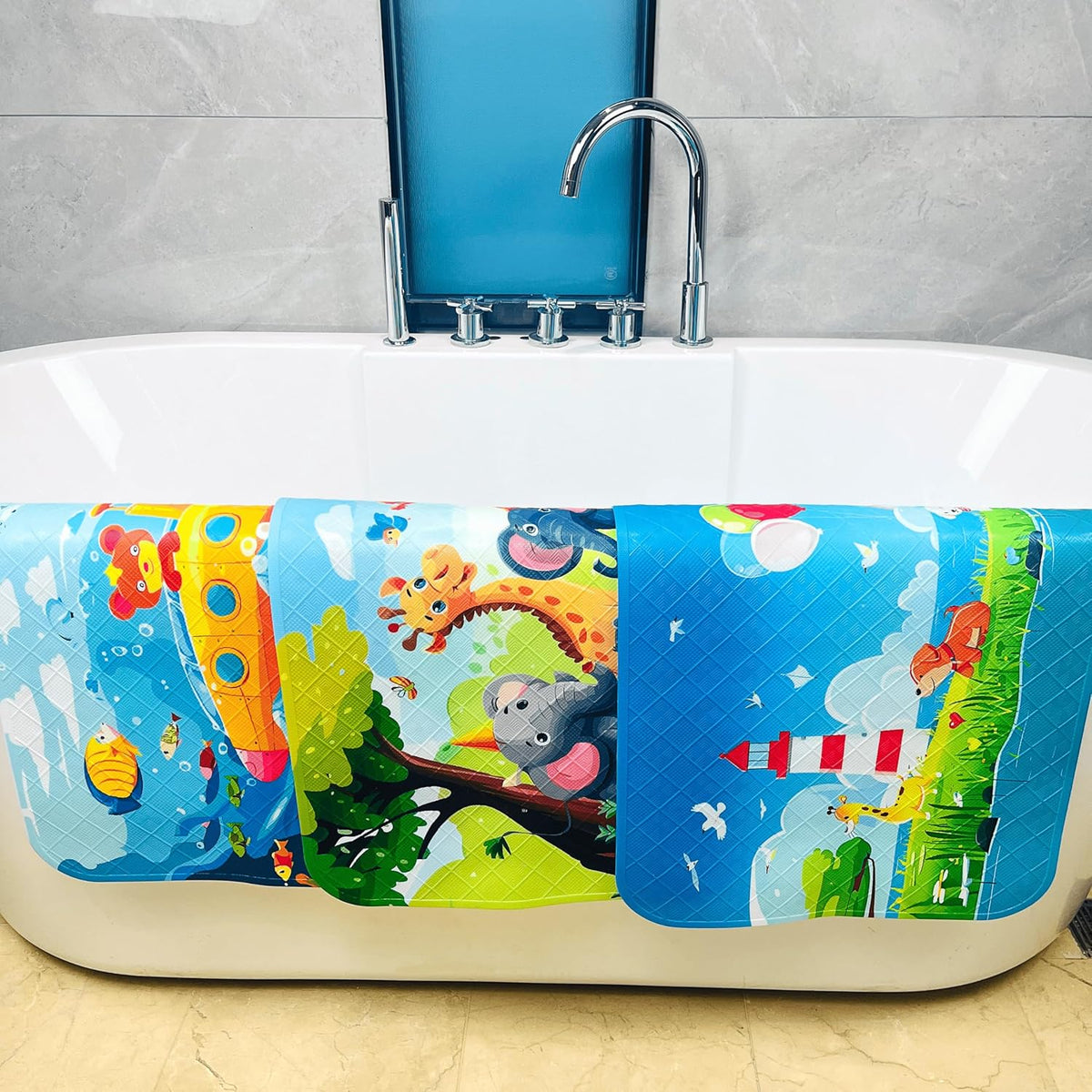 Kids Bath Mat for Tub, Non-Slip Toddler Bathtub Mat(Blue-Octopus)