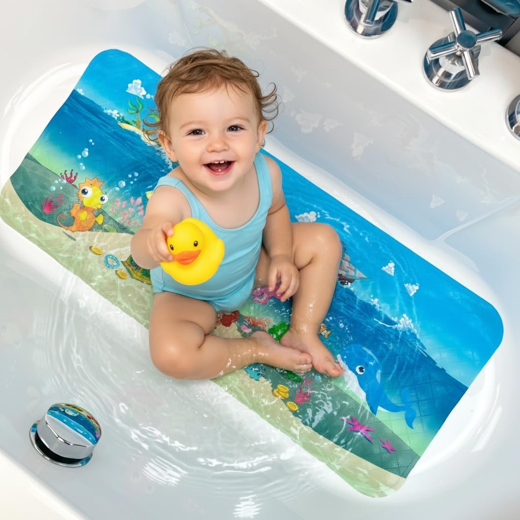 Kids Bath Mat for Tub, Non-Slip Toddler Bathtub Mat(Blue-Octopus)