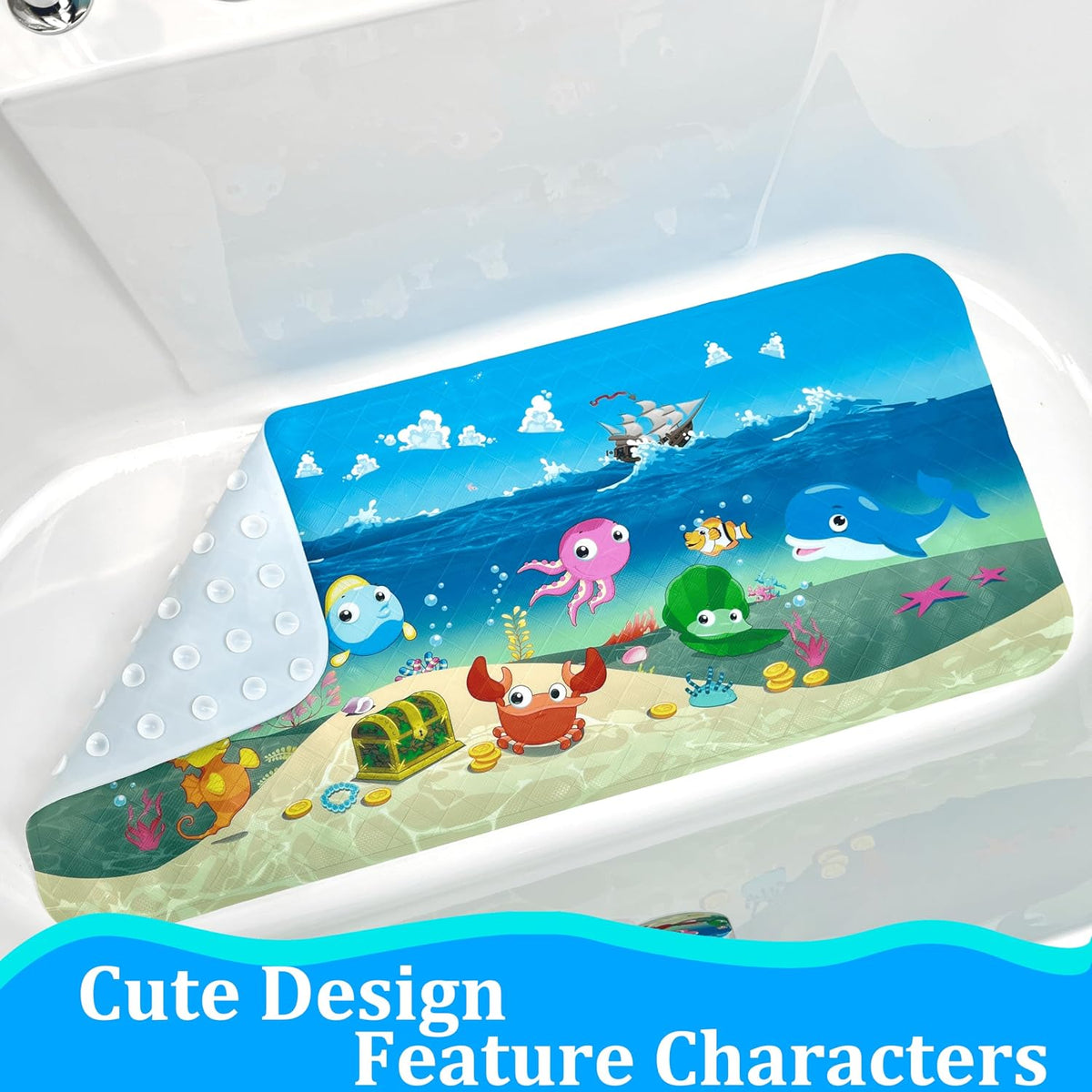 Kids Bath Mat for Tub, Non-Slip Toddler Bathtub Mat(Blue-Octopus)