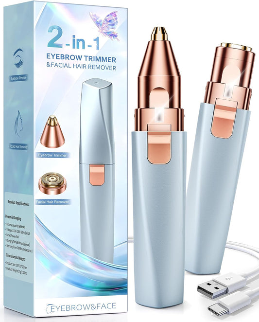 Eyebrow Trimmer Facial Hair Removal for Women: 2 in 1 Rechargeable Face Shaver and Eyebrow Razor - Painless Electric Hair Remover Device for Peach Fuzz Fine Hairs Upper Lip Chin