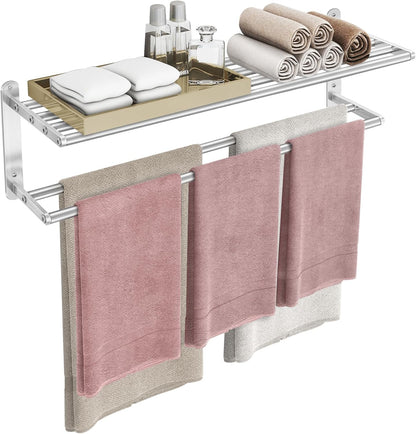 Towel Racks for Bathroom - 24 in Bath Towel Shelf with Double Towel Bar, Stainless Steel Towel Storage for Lavatory Wall Mounted, 2-Tier Towel Hanger Towel Holder, Brushed Nickel