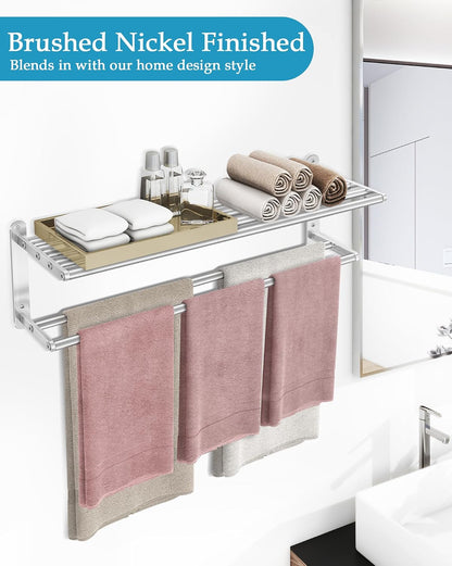 Towel Racks for Bathroom - 24 in Bath Towel Shelf with Double Towel Bar, Stainless Steel Towel Storage for Lavatory Wall Mounted, 2-Tier Towel Hanger Towel Holder, Brushed Nickel