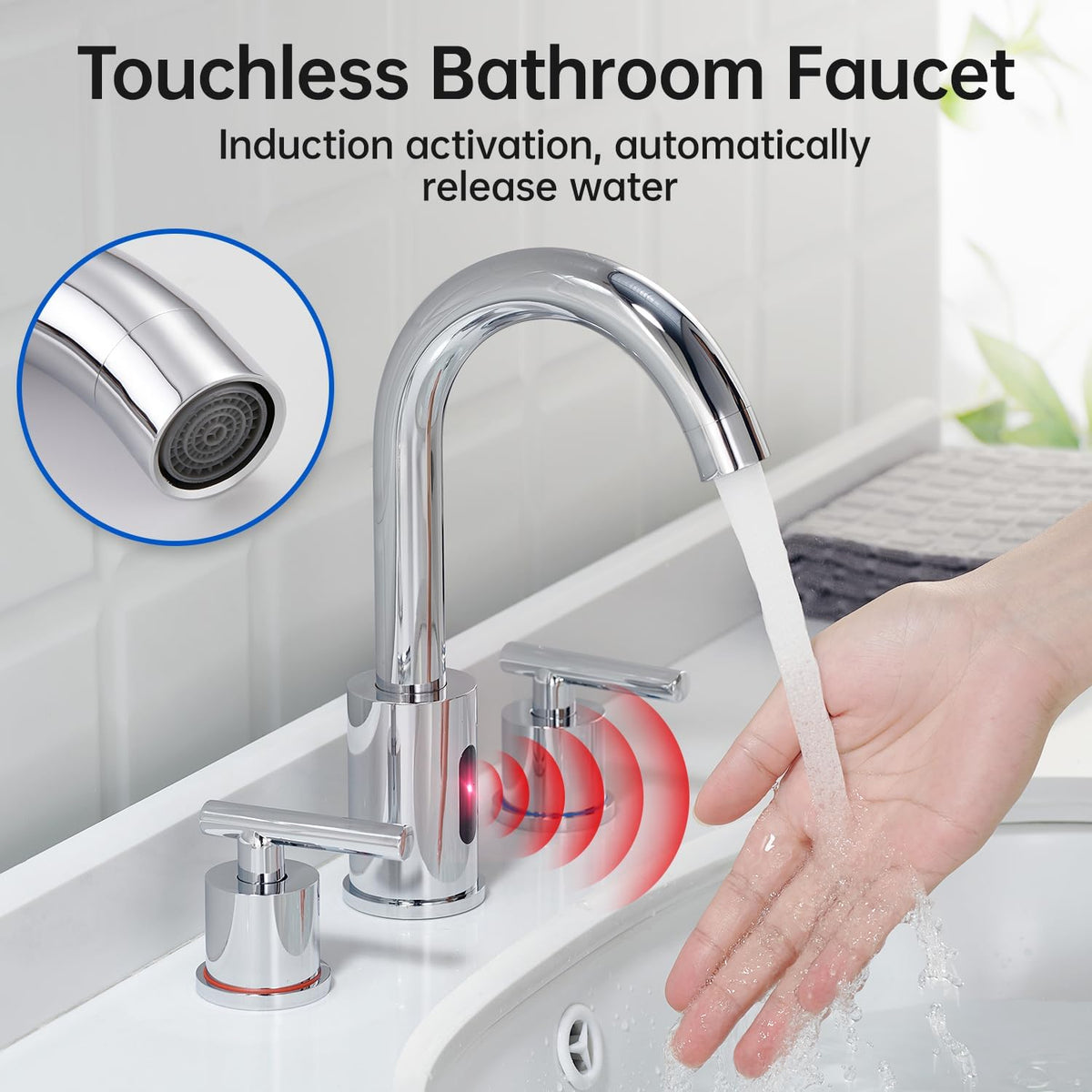 Touchless Bathroom Faucet for 3 Hole | 8 Inch Widespread Bathroom Sink Faucet with Automatic Sensor, 360° Swivel Spout, Chrome