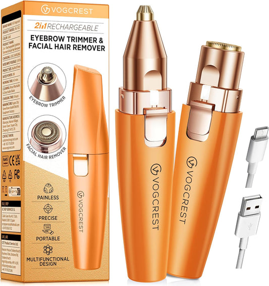 Eyebrow & Facial Trimmer: 2 in1 Rechargeable Facial Hair Removal & Eyebrow Shaver - Body Razor with Built-in LED Light (Rose Gold)