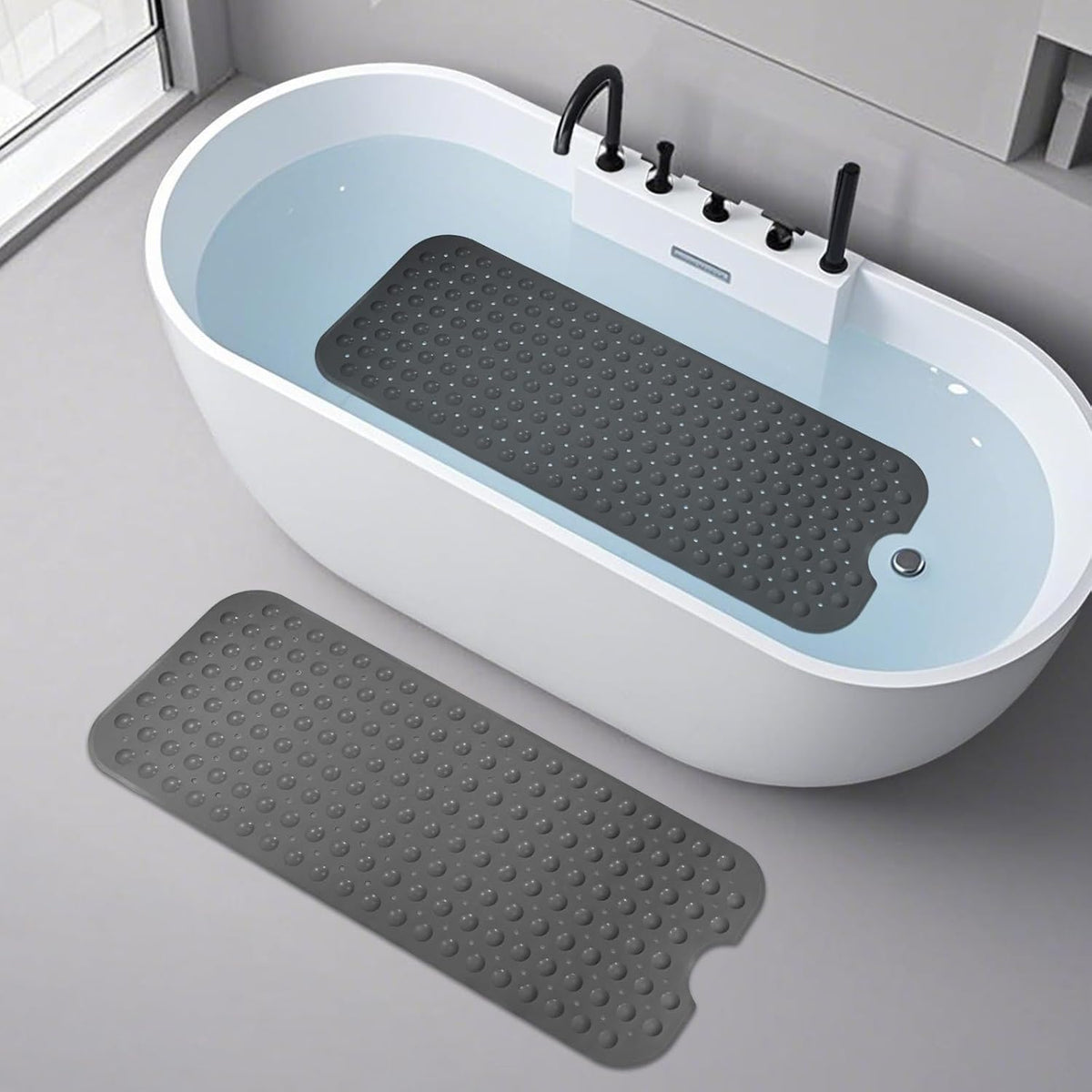 （TPE） Long Bathtub Mat Non Slip 39.5 x 16 Inch, Inside Shower Mats with Suction Cups & Drain Holes, Soft TPE Bath Mat for Tub, Quick-Drain Bathroom Floor Mats, Dark Gray