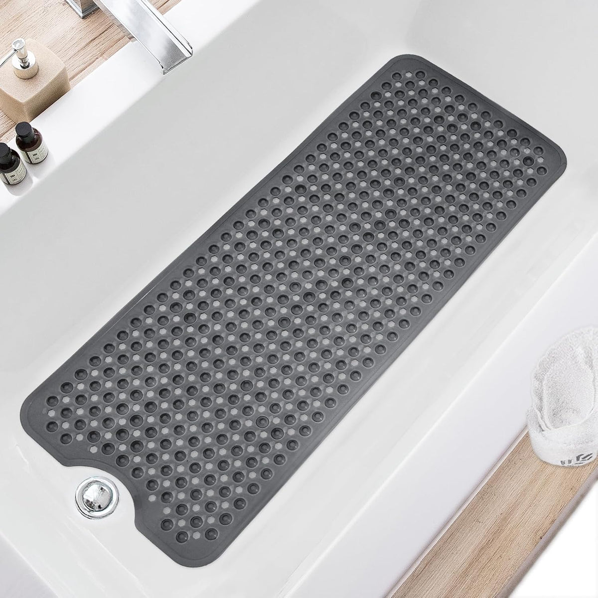 Bath Tub and Shower Mats, Non Slip 40 x 16 Inch Extra Large Bathtub Mat, Machine Washable Bathmat with Drain Holes, Suction Cups for Bathroom Floor, Gray
