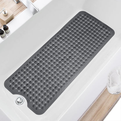 Bath Tub and Shower Mats, Non Slip 40 x 16 Inch Extra Large Bathtub Mat, Machine Washable Bathmat with Drain Holes, Suction Cups for Bathroom Floor, Gray