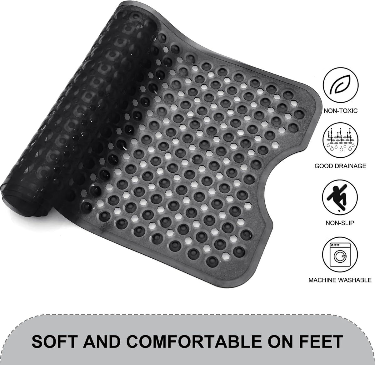 Bath Tub and Shower Mats, Non Slip 40 x 16 Inch Extra Large Bathtub Mat, Machine Washable Bathmat with Drain Holes, Suction Cups for Bathroom Floor, Gray