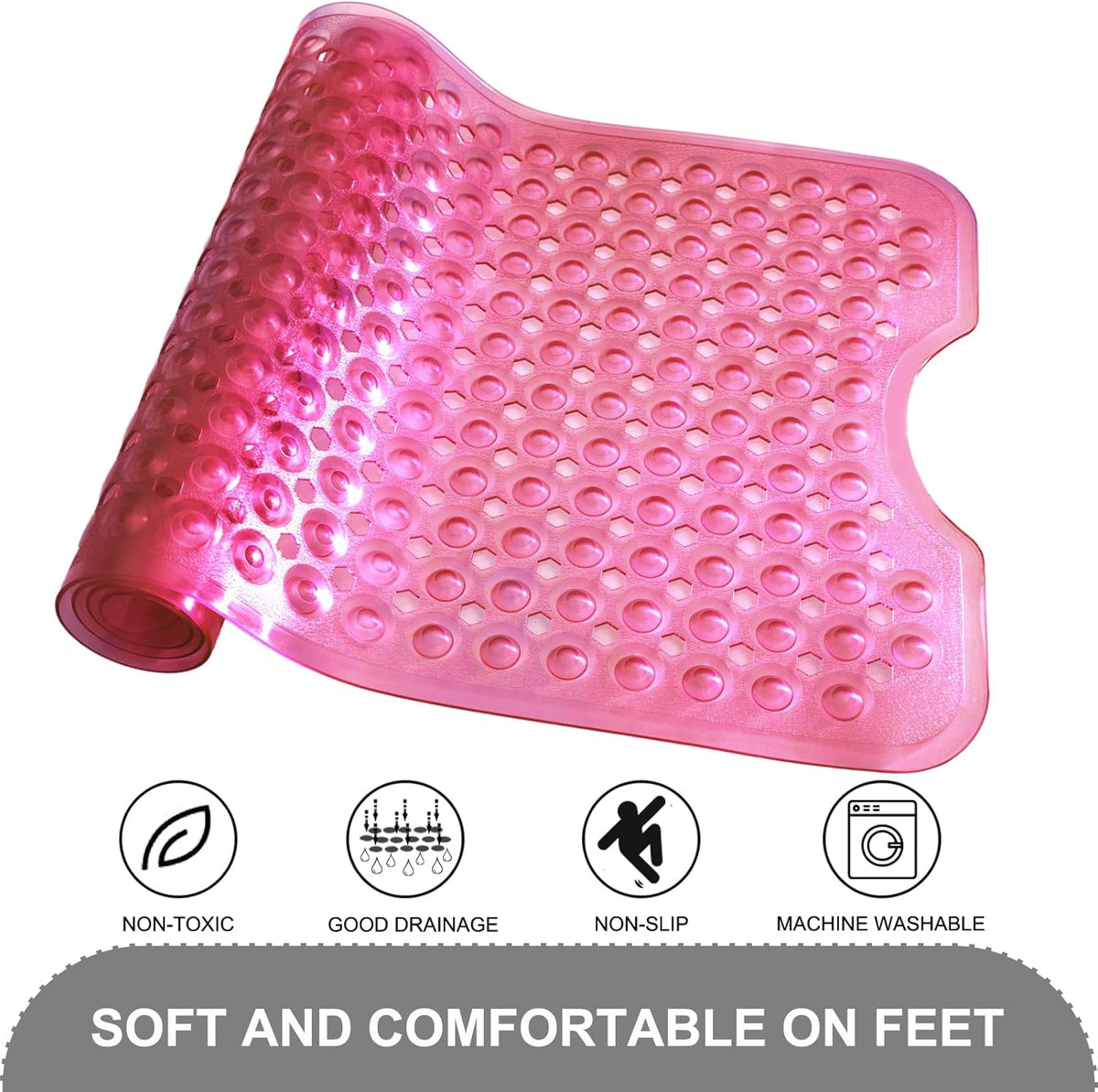 Bath Tub and Shower Mats, Non Slip 40 x 16 Inch Extra Large Bathtub Mat, Machine Washable Bathmat with Drain Holes, Suction Cups for Bathroom Floor, Gray