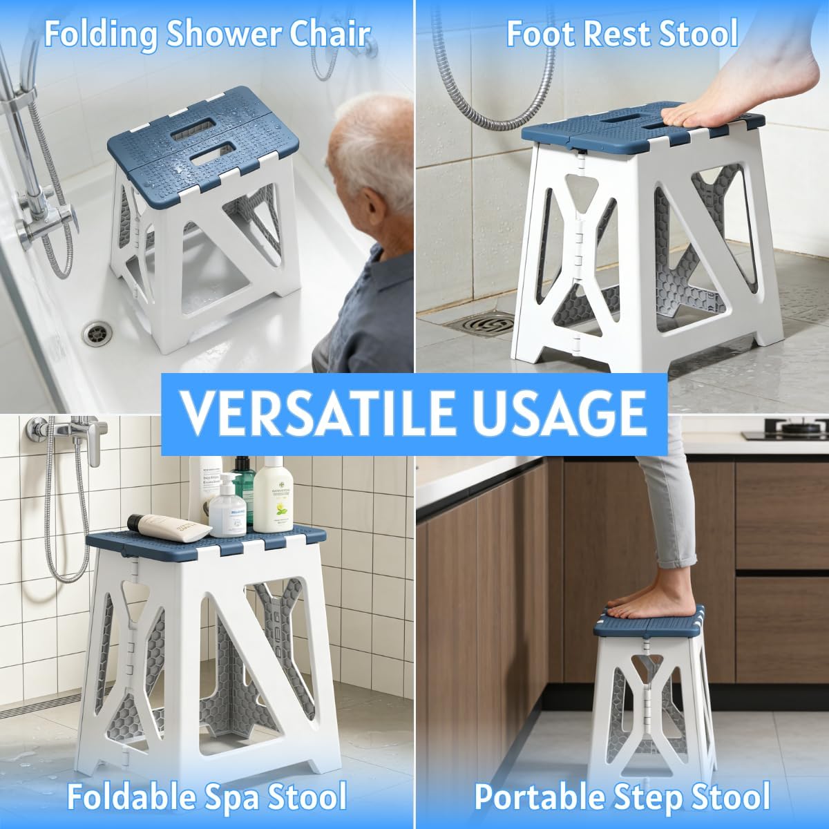 Folding Shower Stool - Foldable & Anti-Slip Shower Chair for Inside Shower - 330lbs Safety Waterproof Plastic Fold Up Shower Seat - Portable Travel Compact Bath Bench for Elderly, Handicap & Disabled