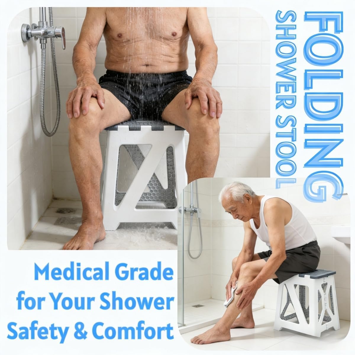 Folding Shower Stool - Foldable & Anti-Slip Shower Chair for Inside Shower - 330lbs Safety Waterproof Plastic Fold Up Shower Seat - Portable Travel Compact Bath Bench for Elderly, Handicap & Disabled