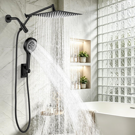 10 Inch Chrome Rainfall Shower Head with Handheld Combo | Chrome, High Pressure, Dual Shower Head, Extension Arm, 7 Spray Settings, For Pet Kids Cleaning