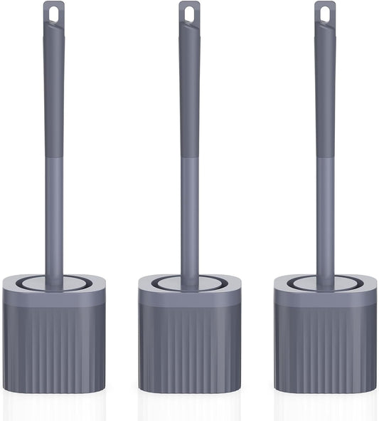 Toilet Brush, 3 Pack Compact Toilet Bowl Brush and Holder Set with Nylon Bristles Toilet Cleaner Brush Hidden Toilet Scrubber Brush for Bathroom Cleaning, Grey & White