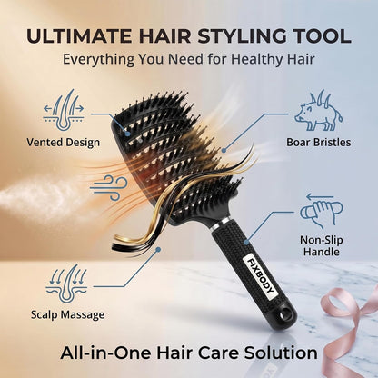 Boar Bristle Hair Brush, Curved Vent Detangling Brush for Wet & Dry Hair