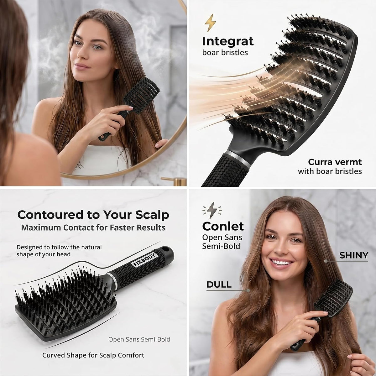 Boar Bristle Hair Brush, Curved Vent Detangling Brush for Wet & Dry Hair