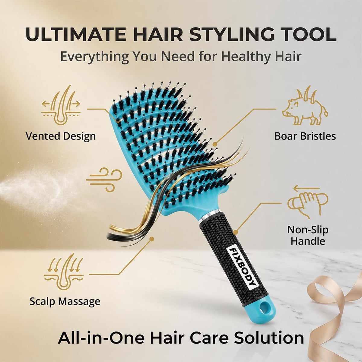 Boar Bristle Hair Brush, Curved Vent Detangling Brush for Wet & Dry Hair